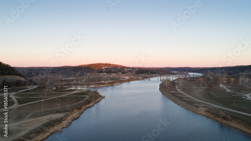 Aerial view of Bull Shoals lake and bridge being built. © nsc_photography