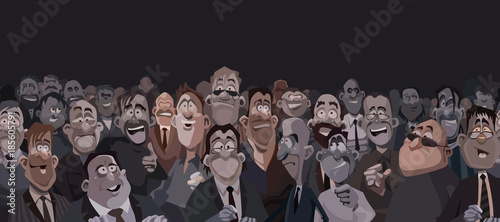 large crowd of funny cartoon people in a dark room