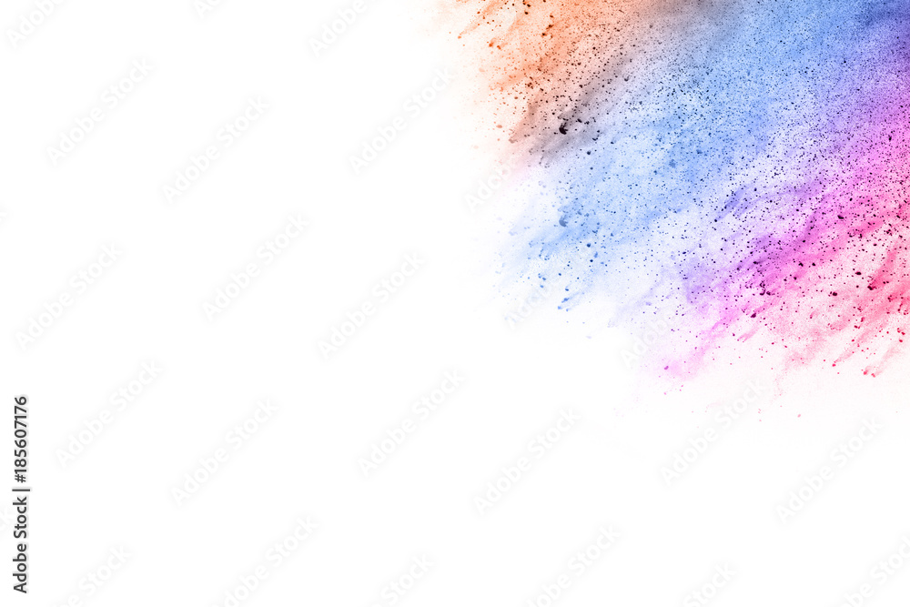 abstract multicolored powder splatted on white background,Freeze motion of color powder exploding.