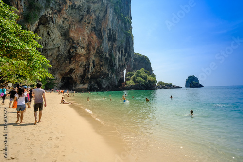 Tropical vacation holiday beach concept. tourist relaxing on Beautiful sea blue Railay beach, Krabi Thailand . © iphotothailand