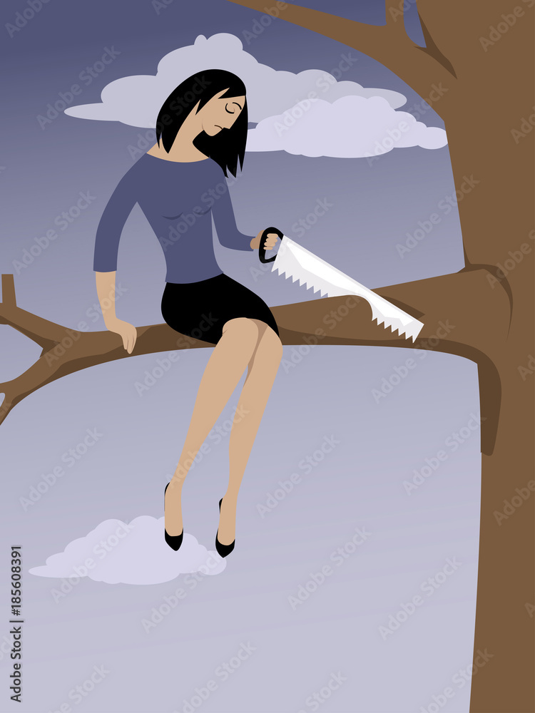Woman sawing off a tree branch she is sitting on as a metaphor for self