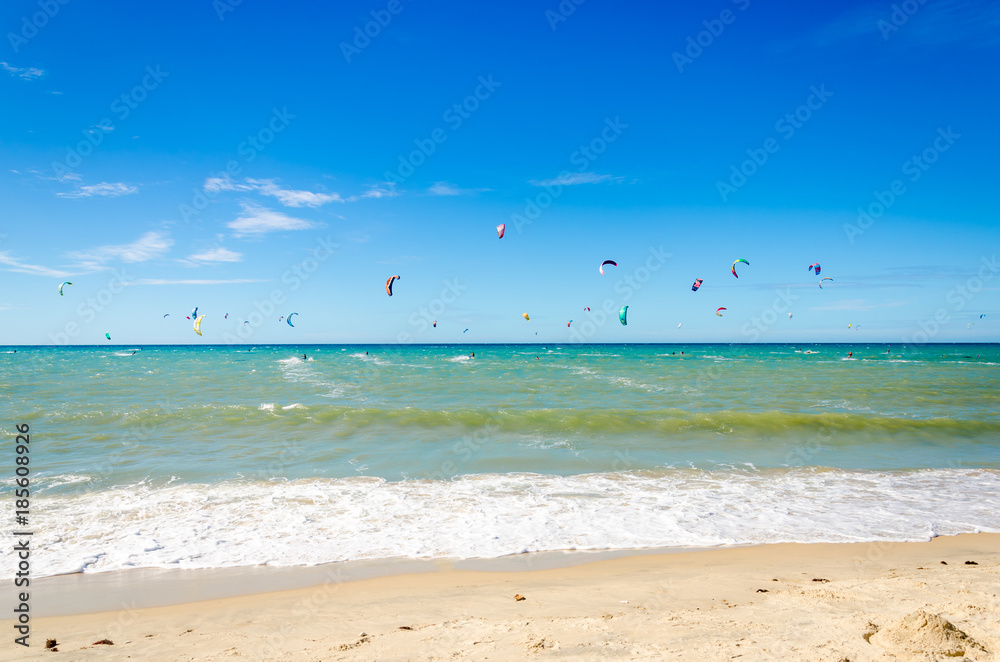 A lot of kite surfers on the air in Cumbuco