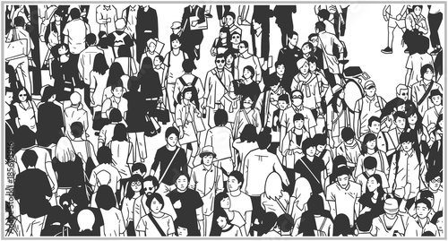Black and white illustration of large city crowd from high angle view photo