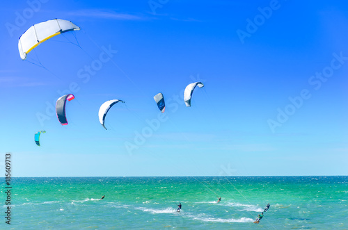 Beach in Cumbuco with multiple kite surfing