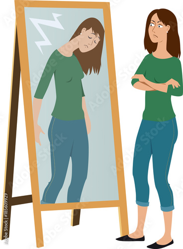 Woman judging her own ashamed reflection in the mirror, EPS 8 vector illustration