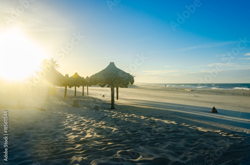 Several beach sun umbrellas at the sunset photo