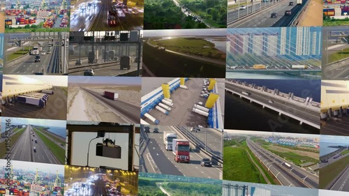 Trucks and transport collage. Highway and delivering. Warehouse photo