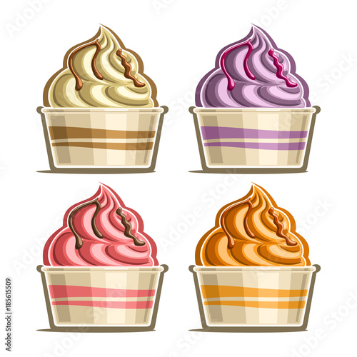Vector set of Ice Cream in paper cup, variety soft serve sundae in cardboard tub box for menu cafe takeaway, icons of italian fruit swirl ice cream, vegan frozen twisted dessert in design packaging.