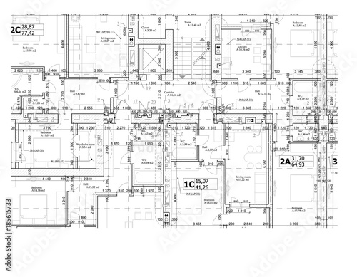 Part of a detailed architectural plan, floor plan, layout, blueprint. Vector illustration