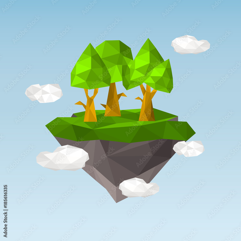 Floating island with trees in the polygon style color illustration