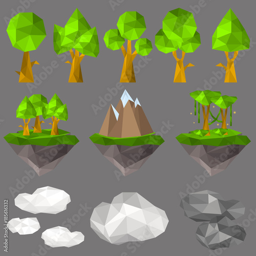 Nature elements in polygon style color icons set on black background