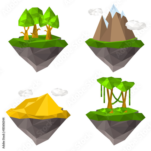 Soaring islands with elements of nature color illustration set