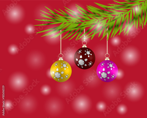 Christmas tree with colorful balls on a red background.