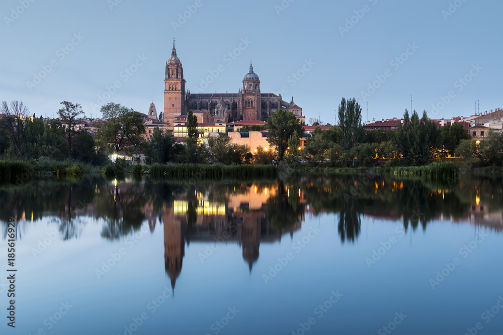 Sunset view of Salamanca Old and New Cathedrals from Enrique Esteban Bridge over Tormes River, Community of Castile and León, Spain.