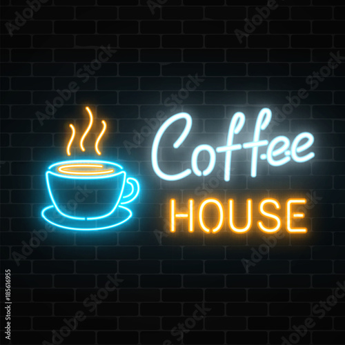 Neon coffee house signboard on a dark brick wall background. Hot drink and food cafe sign.