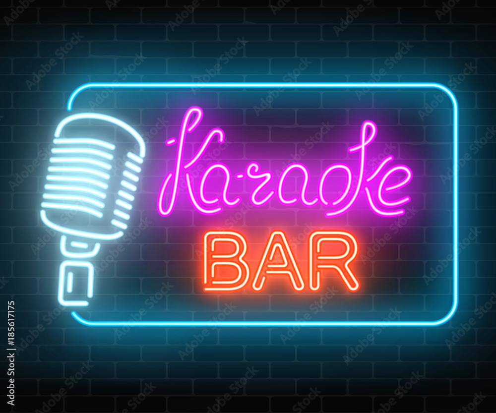 Neon signboard of karaoke music bar. Glowing street sign of a nightclub with live music. Sound cafe icon.