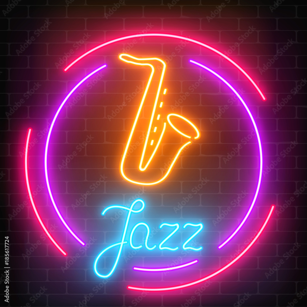 Neon jazz cafe with saxophone glowing sign with round frame on a dark brick wall background.