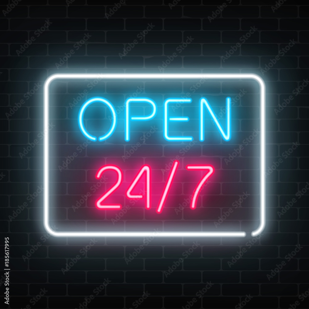 Neon open 24 hours 7 days a week sign in geometric shape on a brick wall background.