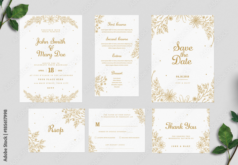 Gold Floral Wedding Invitation Set Stock Template | Adobe Stock