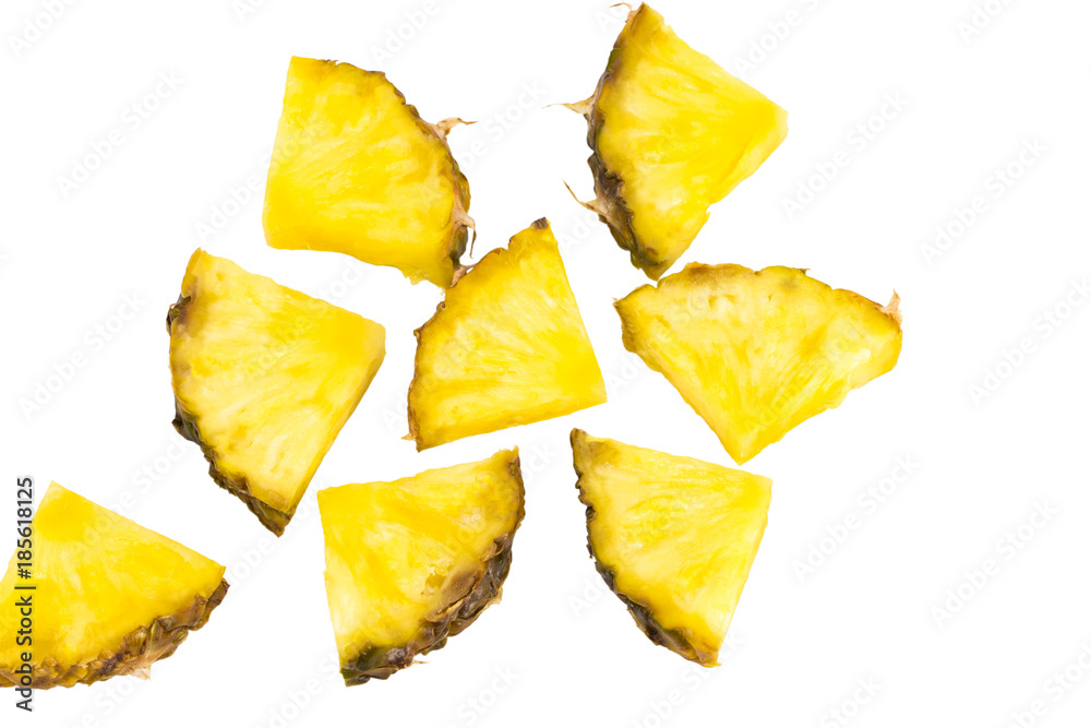 Pinneapple slices pattern on white background top view
