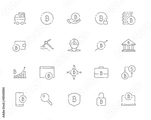 Simple set of Bitcoin related vector line web icons. Contains such Icons as Bitcoin, Miner, Distribution, Security, Portfolio and more. Editable Stroke. 48x48 Pixel Perfect.