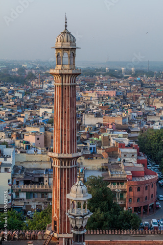 Minaret of Jama Masjid mosque in the center of Delhi, India.