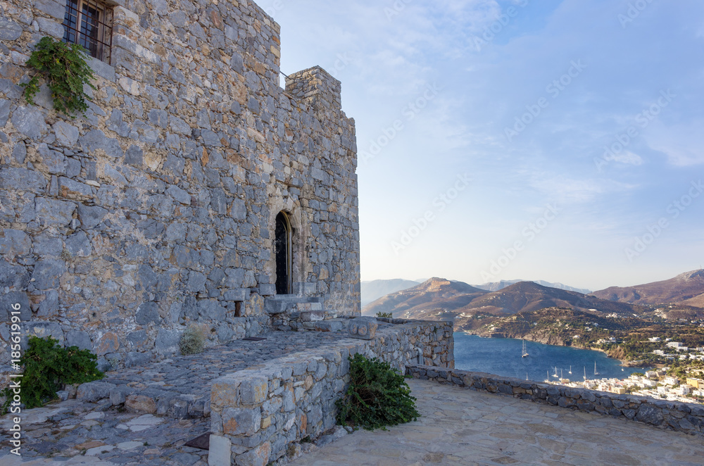 Inside the castle on top of the mountain in Leros island, Greece 