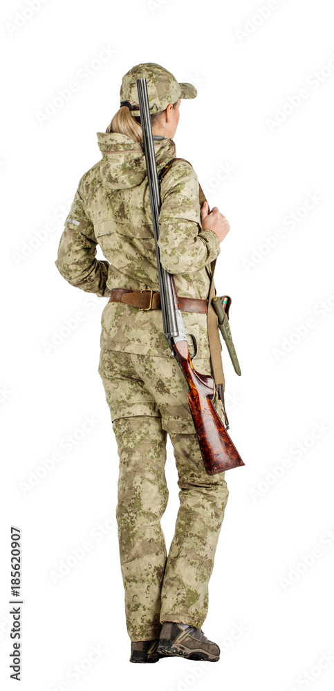 female hunter with double barreled shotgun Isolated on white background. female hunter with double barreled shotgun Isolated on white background.