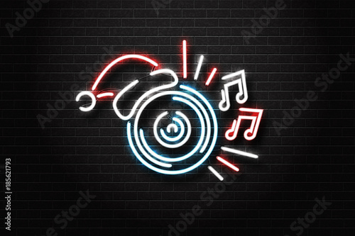 Vector realistic isolated neon sign of vynil with Santa hat for decoration and covering on the wall background. Concept of Christmas party, night club and dj.