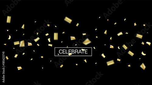 Fototapeta Naklejka Na Ścianę i Meble -  Gold Tinsel Rich Confetti. Christmas, Birthday, New Year, Party Celebration Background. Vector Frame, Design Decoration. Sparkling Bright Golden Tinsel Flying.
