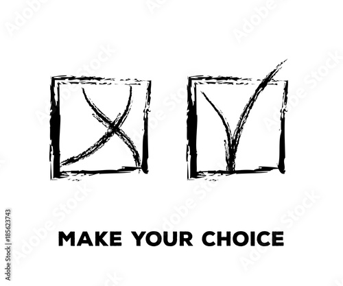 Yes and No Vector Set Square Frames, Isolated.  Hand Painted Election, Quizz, Voting, Test Symbols. Ink Brush Rejection and Approval, Query Choice Icons. Yes and No Tick and Cross Symbolic Marks.