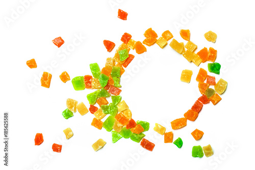 Mix of candied dried fruits isolated on white background