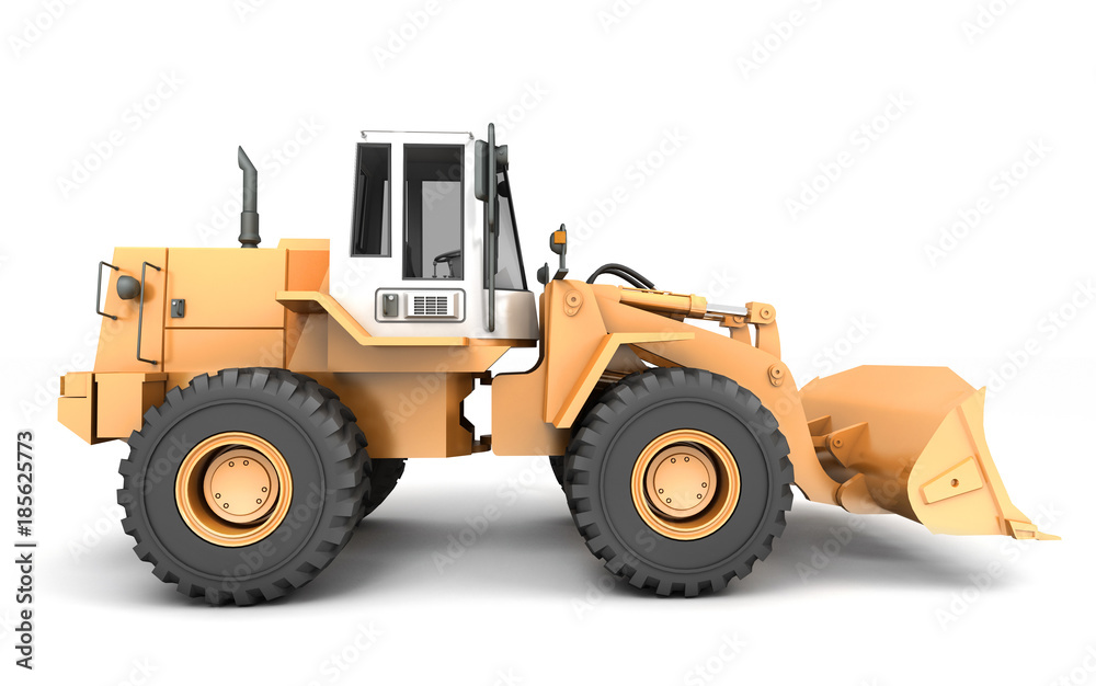 Yellow hydraulic loader moving left to right isolated on white background. 3D illustration. wide angle. Side view
