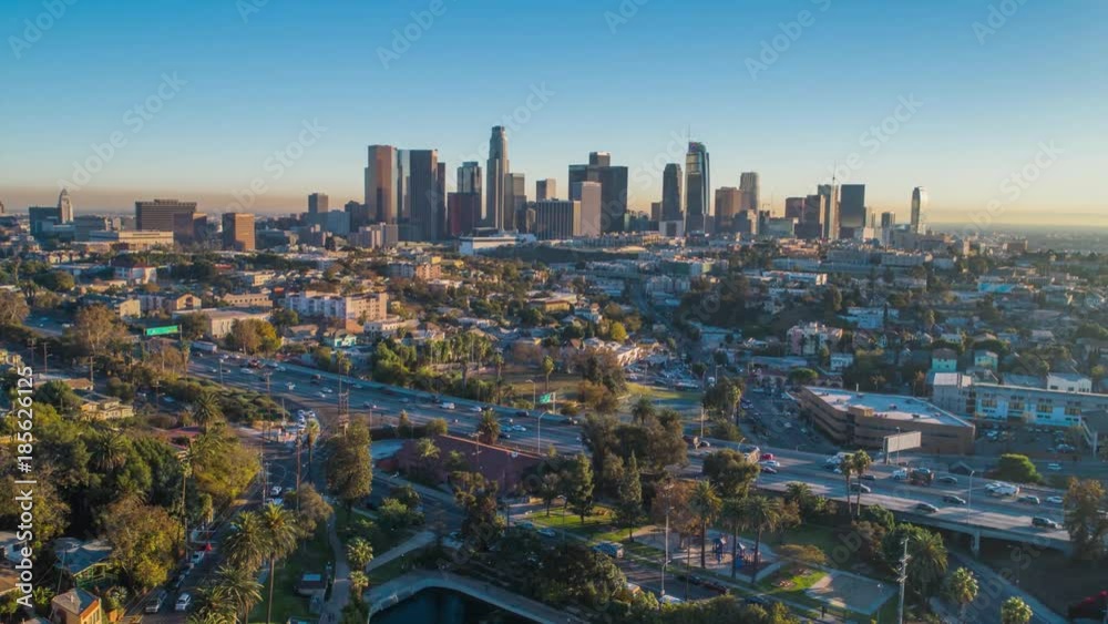 Cinematic urban aerial time lapse of downtown Los Angeles skyline