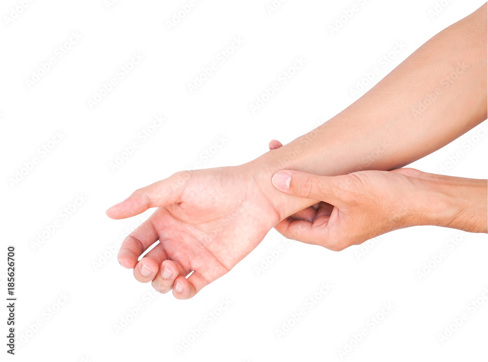Man hand holding wrist on white background, health care and medical Man hand holding wrist on white background, health care and medical