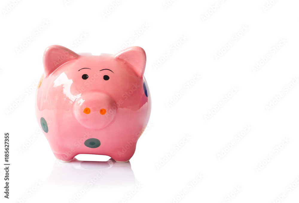 Pink ceramic piggy bank on white background, saving money concept Pink ceramic piggy bank on white background, saving money concept