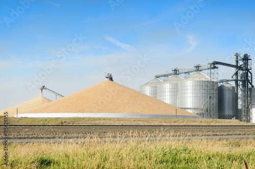 Grain silo's elevator and a mountain of grain in the Palouse, Washington