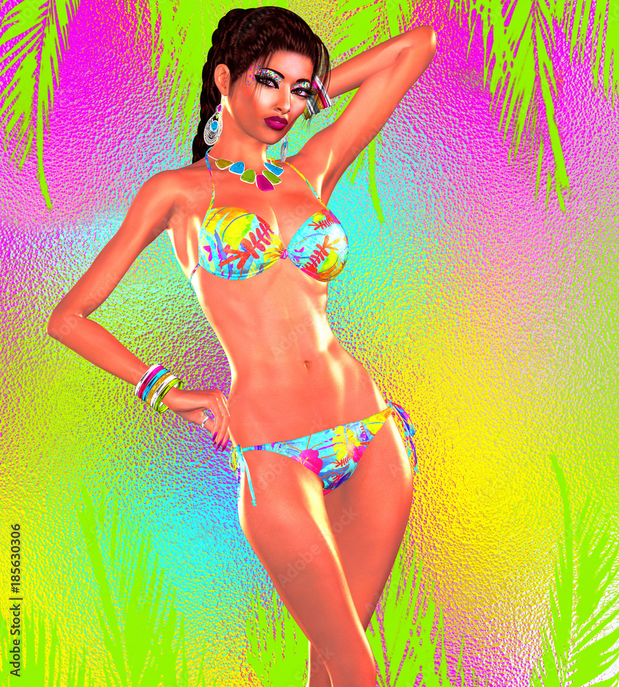 Sexy woman in bikini against a colorful gradient background. This 3d  render, digital art model is perfect for themes of Summer, fun, vacation,  cruise, beach, swimwear and beauty themes. Stock Illustration