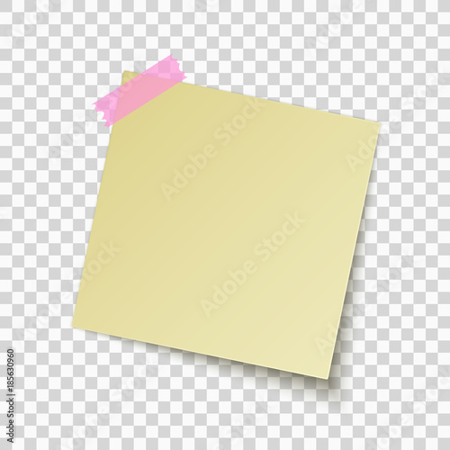 Yellow sticky note isolated on transparent background. Office note for work. Pink scotch tape. Template for your project. Vector.