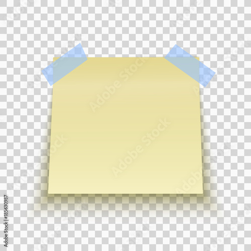 Yellow sticky note isolated on transparent background. Office note for work. Blue scotch. Template for your project. Vector.