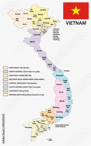 Vietnam administrative and political vector map with flag