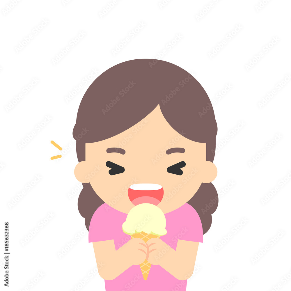 Happy girl eating ice cream, enjoying dessert, vector illustration. Happy girl eating ice cream, enjoying dessert, vector illustration.