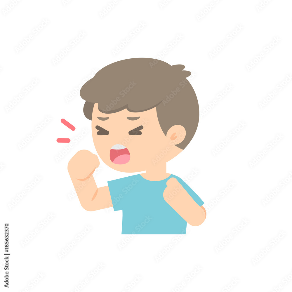 young boy coughing, sickness allergy concept, Vector flat illustration.