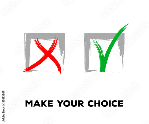 Yes and No Vector Set Square Frames, Isolated.  Hand Painted Election, Quizz, Voting, Test Symbols. Ink Brush Rejection and Approval, Query Choice Icons. Yes and No Tick and Cross Symbolic Marks.