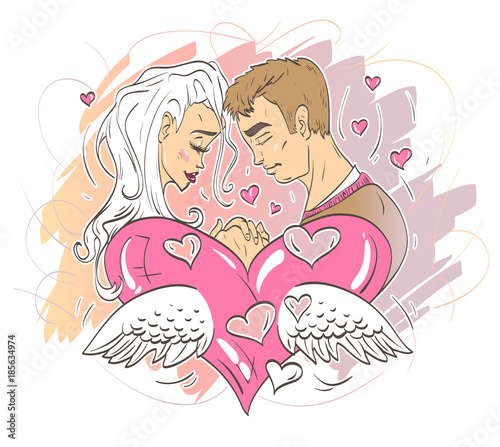 Girl and boyfriend love forever. Romantic relationship. A big heart with wings.