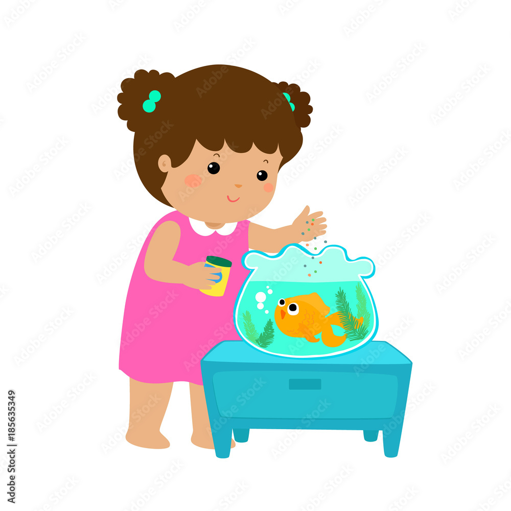 Illustration of cute little girl feeding fish in aquarium cartoon.