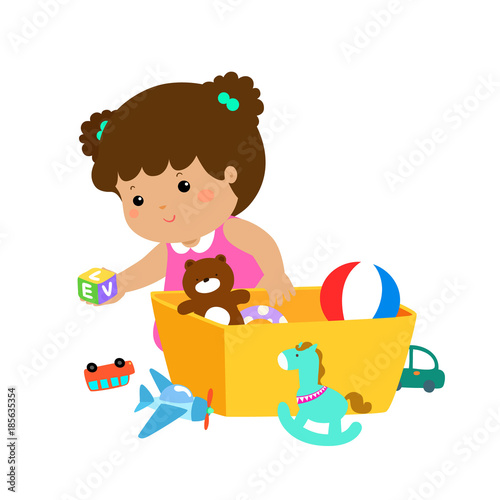 Illustration of kid girl storing toys.