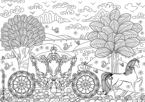 beautiful carriage in fantasy landscape for your coloring book