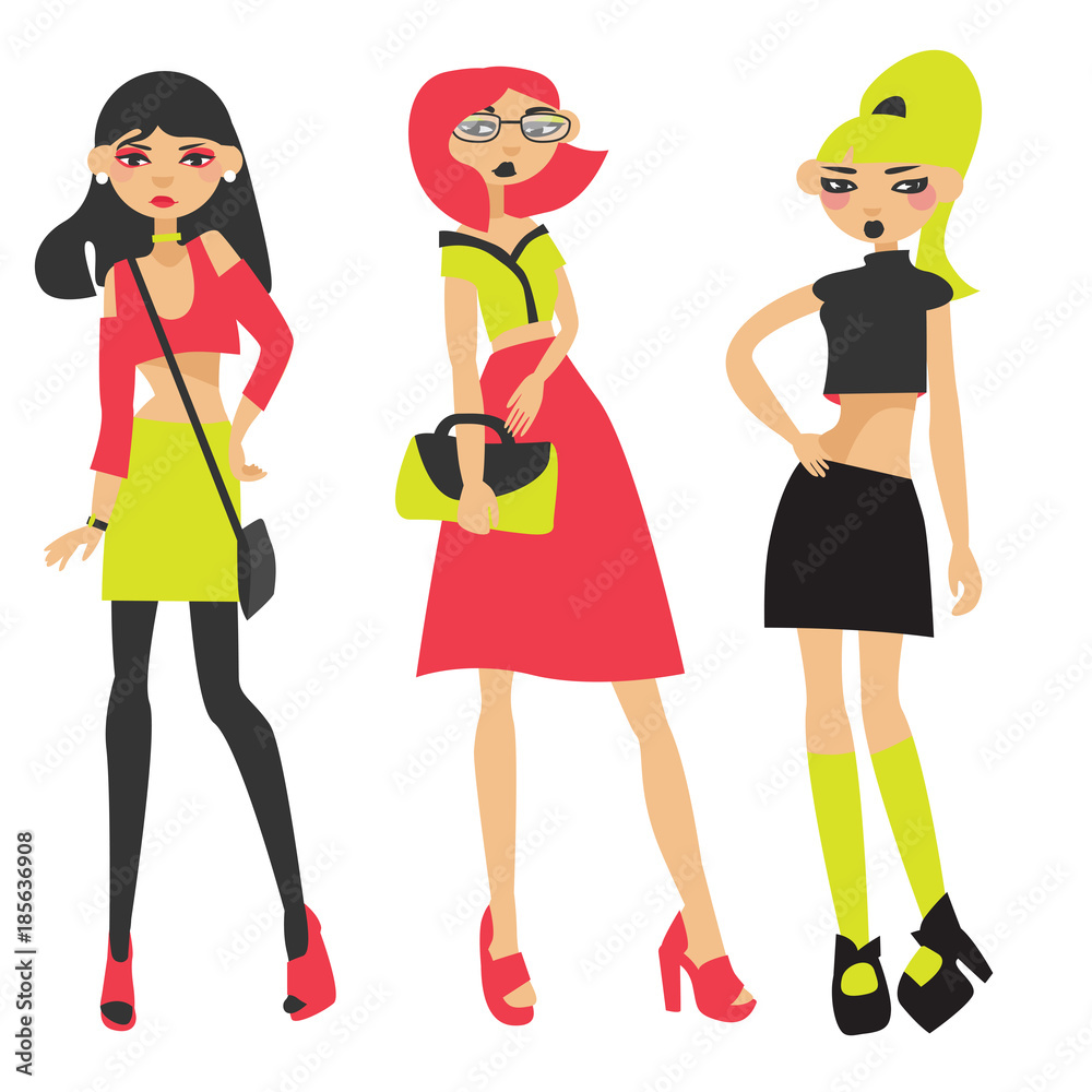 Vector set with three lovely fashion neon girls drawn in flat style. Young characters with various bags and skirts, in crop-tops, posing.