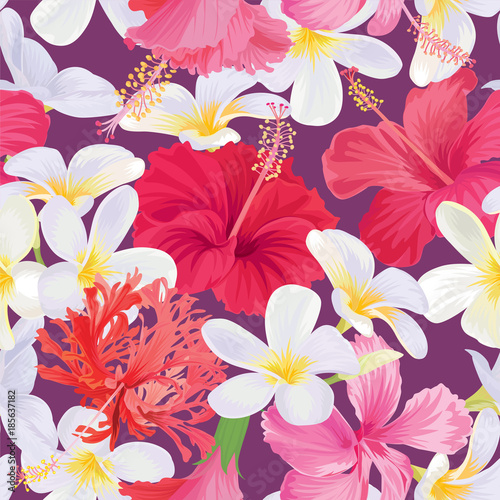 Fototapeta Naklejka Na Ścianę i Meble -  Tropical seamless pattern with hibiscus syriacus and plumeria flower on purple background. Vector set of exotic tropical garden for wedding invitations, greeting card and fashion design.